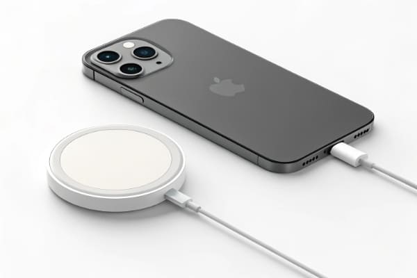 An illustration showing a MagSafe compatible charger and an iPhone