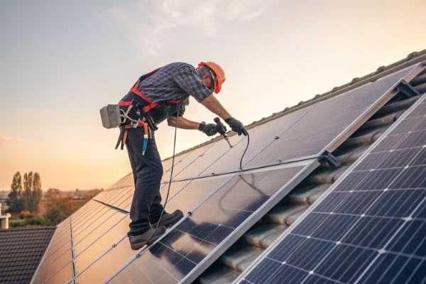 An installer working on an existing solar panel system to add a battery