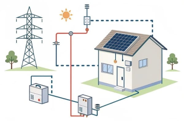 Diagram showing power flow between solar panels, hybrid inverter, battery, home, and grid