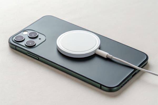 MagSafe compatible charger snapping onto an iPhone