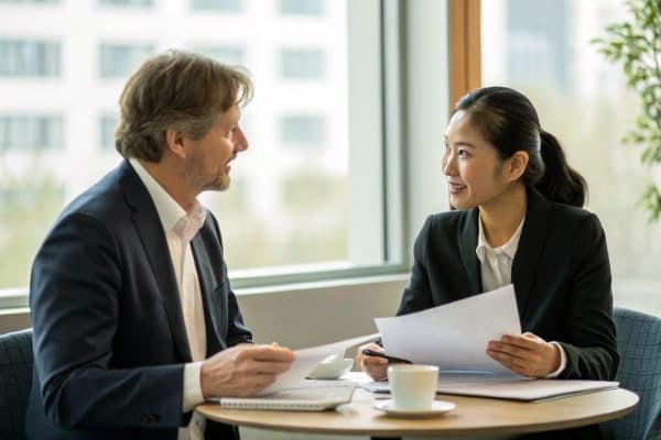 two business people communicating across a table with documents