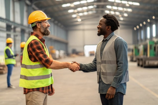 Two people from different cultures shaking hands in a factory setting
