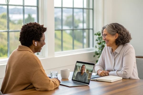 Two people having a clear video call discussion about product samples