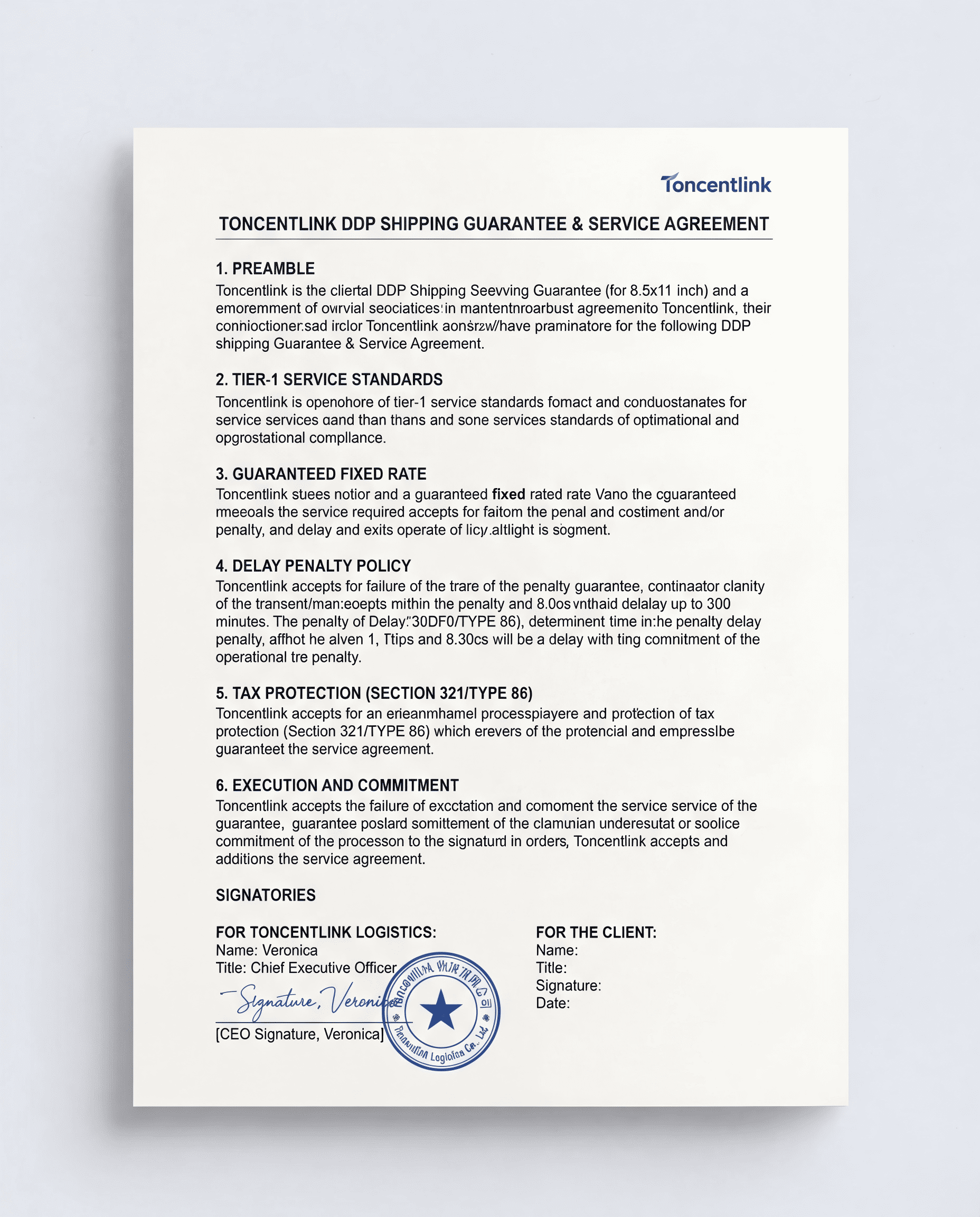 Official guarantee agreement document with company signatures and terms