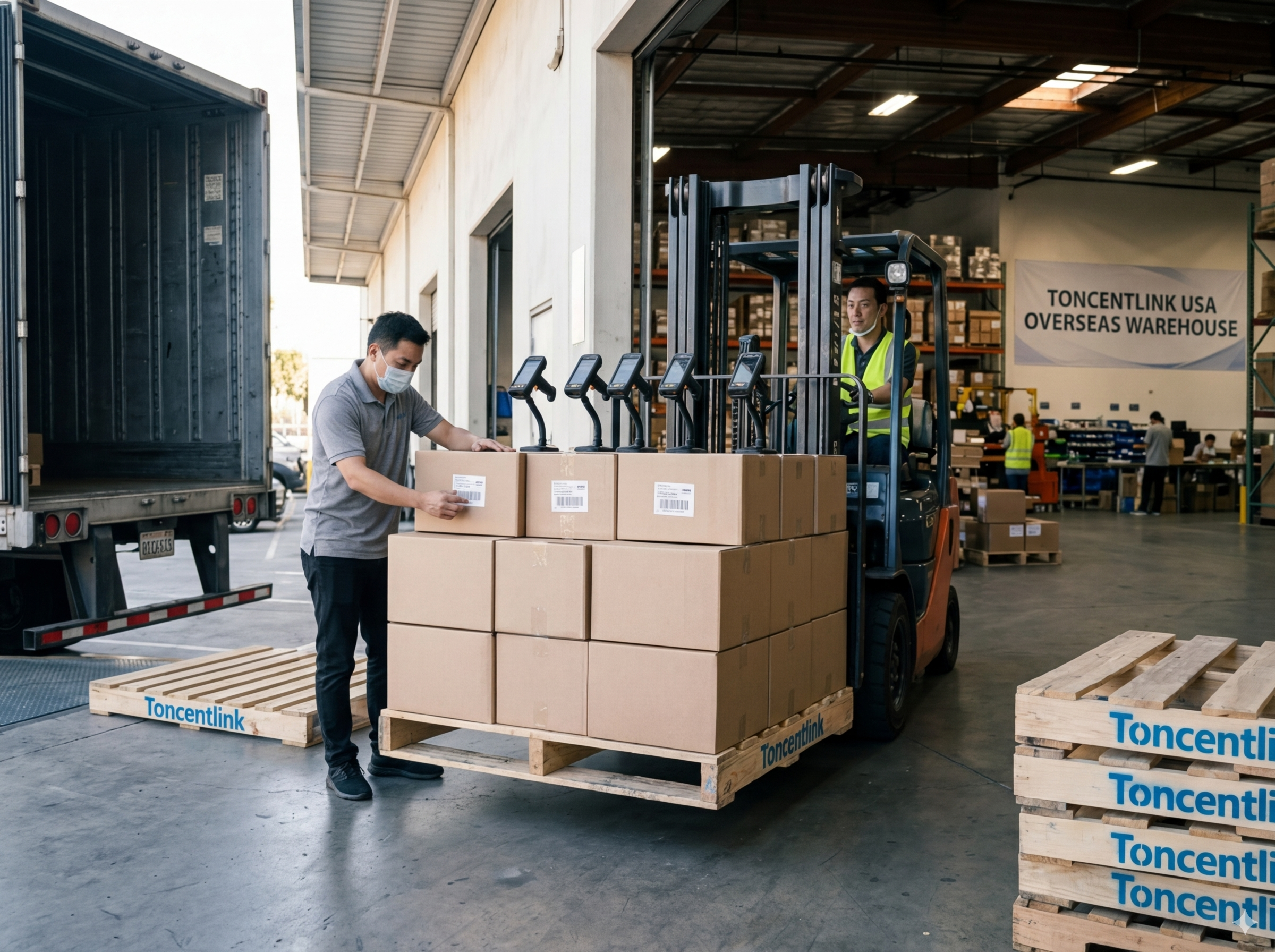 Delivery truck unloading at Amazon fulfillment center with tracking documentation