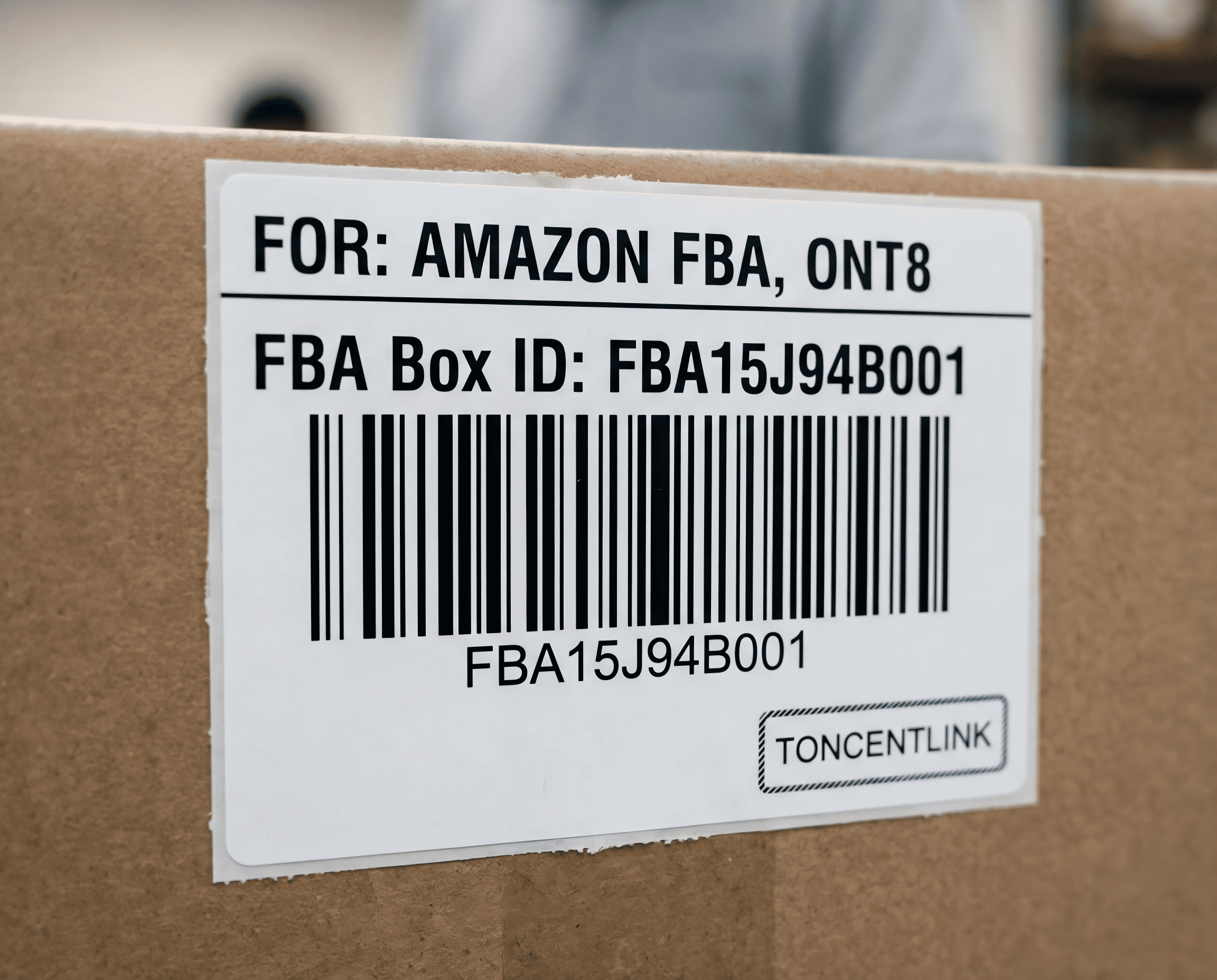 Close-up of Amazon FBA shipment labels with tracking codes