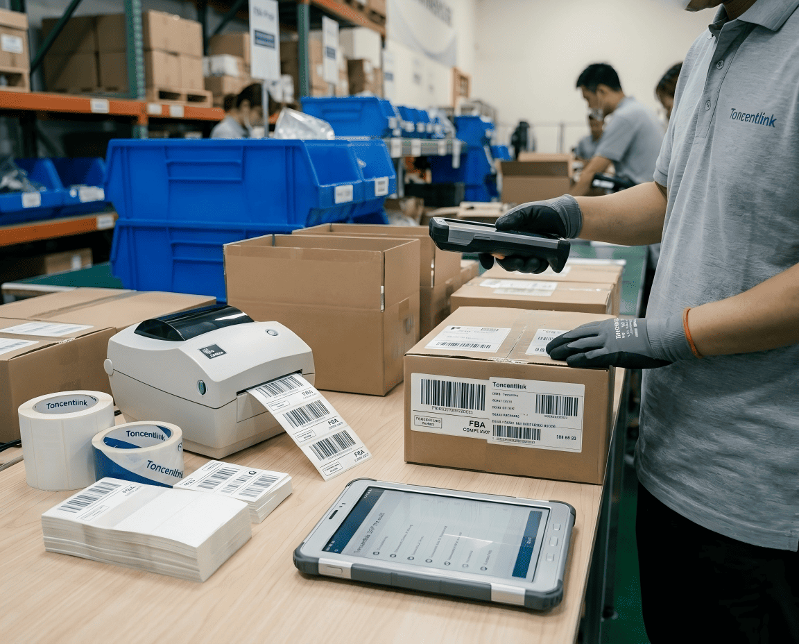 FBA preparation station with organized labels and packaging materials