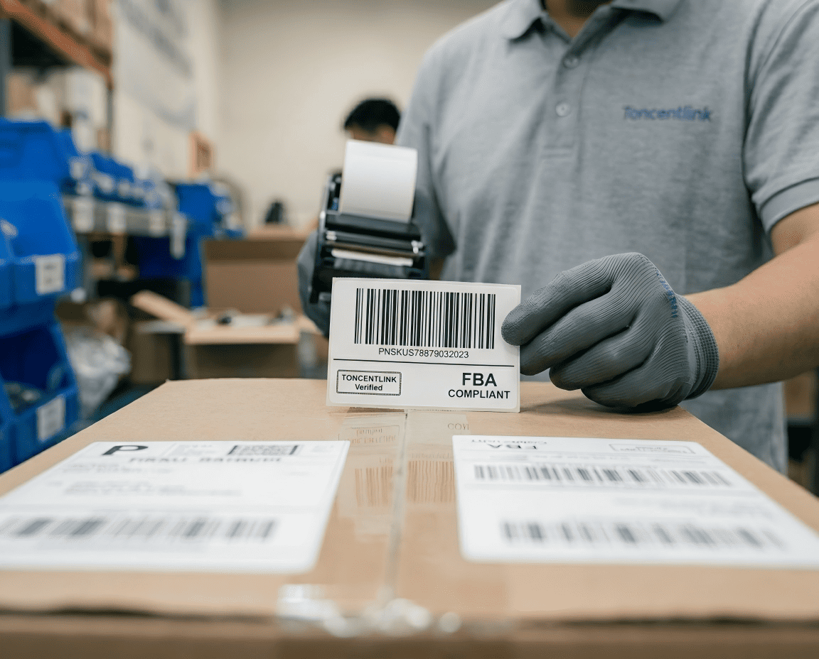 Close-up photo of FBA barcode labels being precisely applied to products
