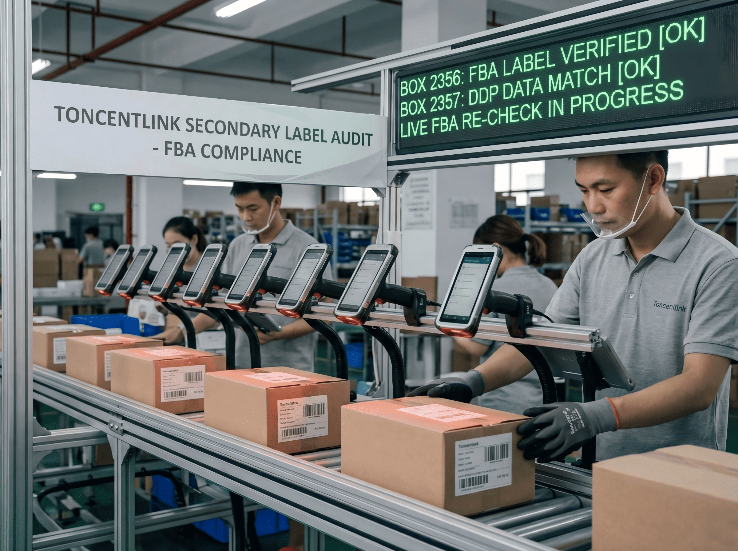 Warehouse worker applying FBA labels and Toncentlink branded packaging tape