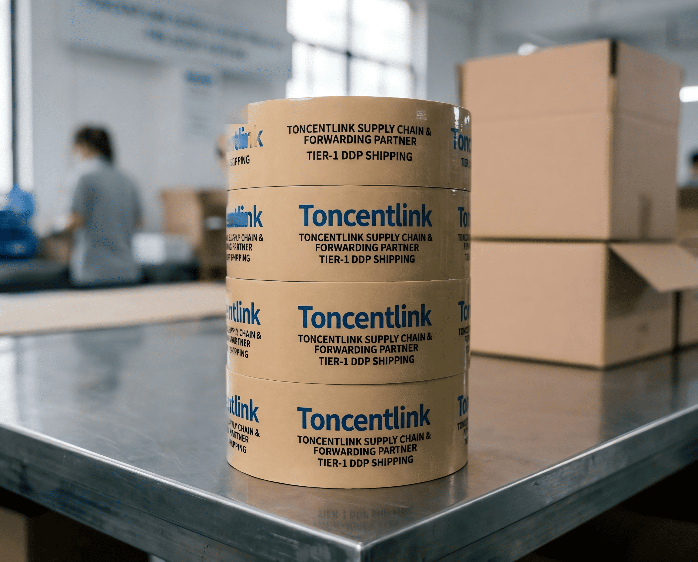 Roll of Toncentlink branded packaging tape with company logo