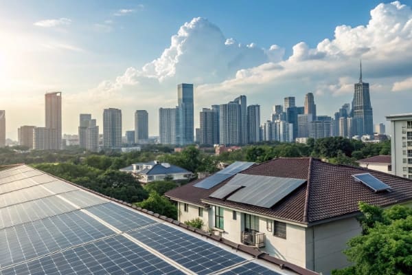 A bright, clean city skyline with solar panels on rooftops