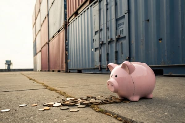 A broken piggy bank next to a shipping container