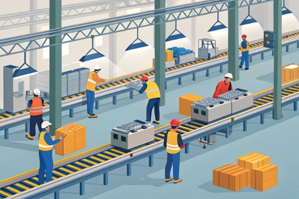 A busy factory production line with workers assembling products