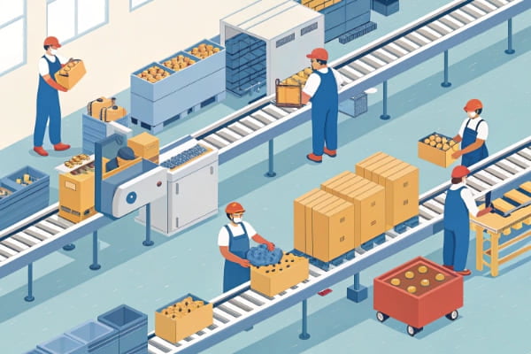 A busy factory production line with workers assembling products