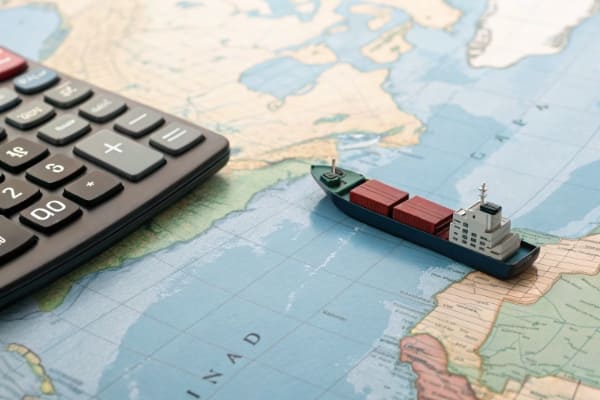 A calculator and a miniature cargo ship on a map between China and Canada