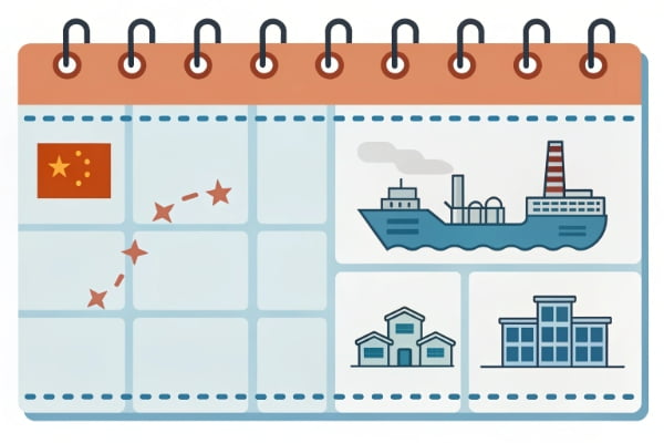 A calendar with shipping and manufacturing icons to represent a sourcing timeline from China