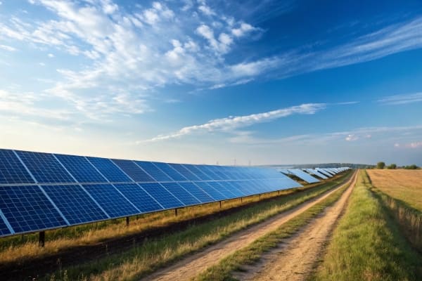 A clean blue sky above a field of solar panels