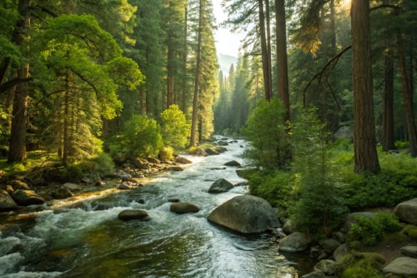 A clean river flowing through a green forest