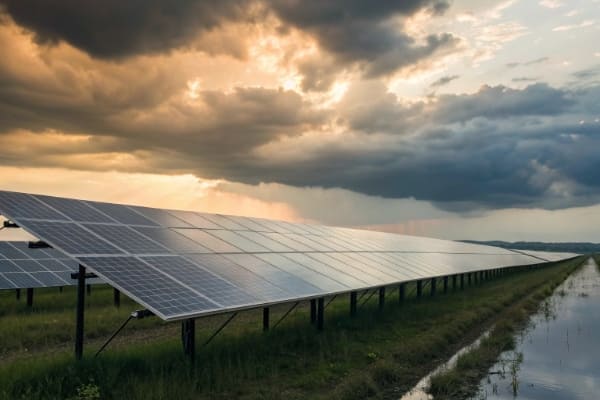 A cloudy sky over solar panels