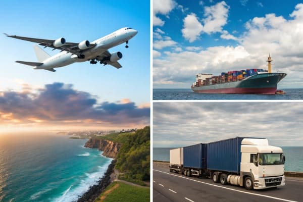 A collage of a plane, a ship, and a delivery truck