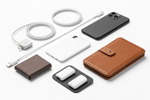 A collection of MagSafe compatible accessories like chargers, wallets, and mounts
