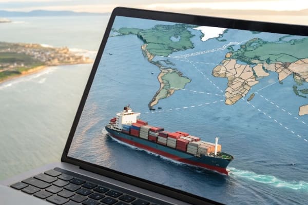 A computer screen showing a map with a cargo ship's real-time location