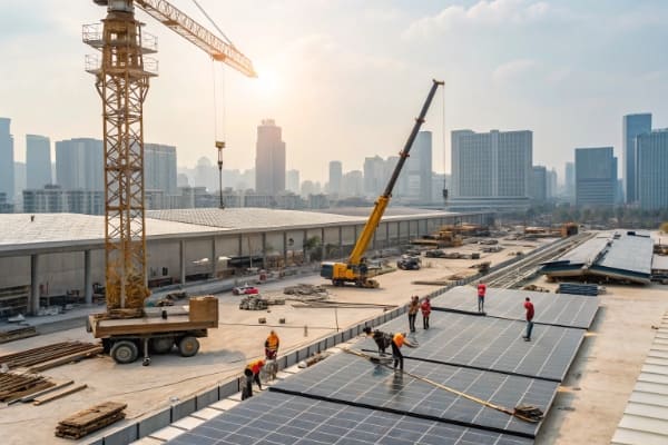 A construction site with cranes and workers installing solar panels