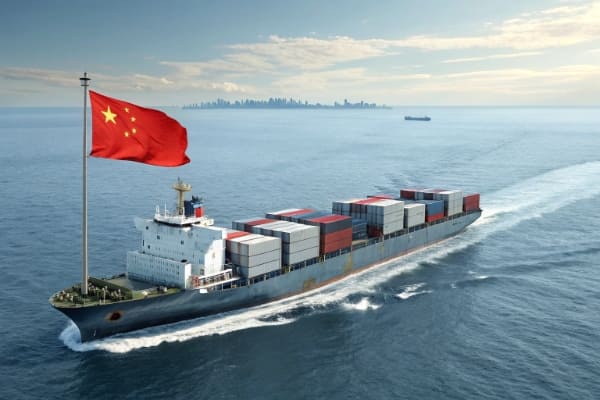 A container ship moving across the ocean with Canadian and Chinese flags