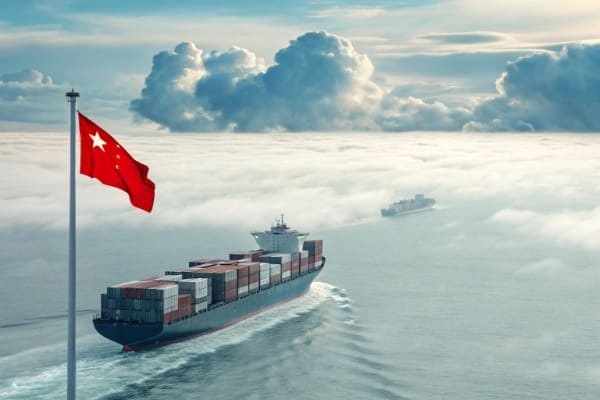 A container ship moving across the ocean with Canadian and Chinese flags