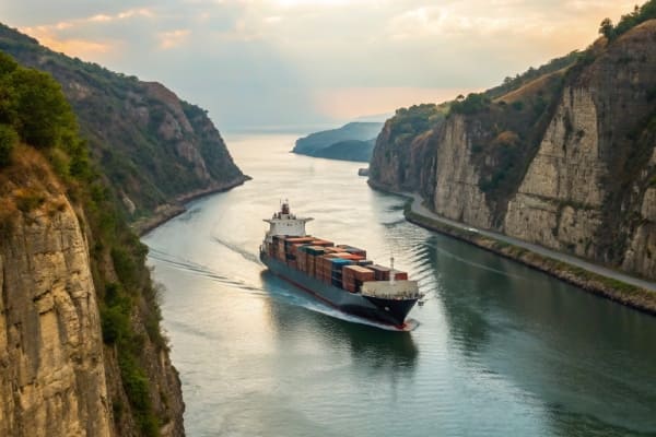 A container ship navigating through a narrow strait