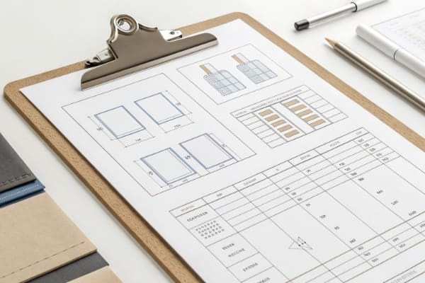 A detailed product specification sheet on a clipboard