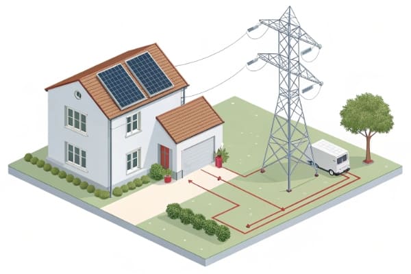 A diagram showing a grid-tied solar system without a battery, exporting excess power to the grid.
