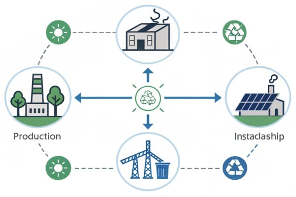 A diagram showing the lifecycle of a solar panel from manufacturing to recycling