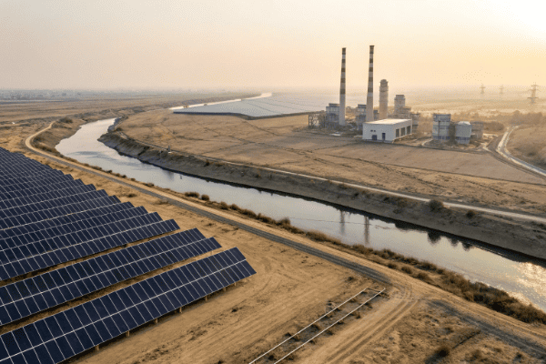 A dry solar farm next to a river with a power plant drawing water from it