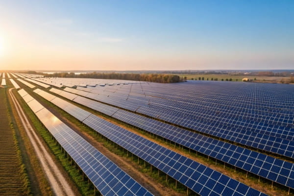 A field of solar panels under a bright blue sky