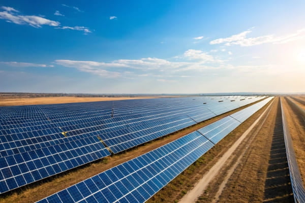 A field of solar panels under a clear blue sky