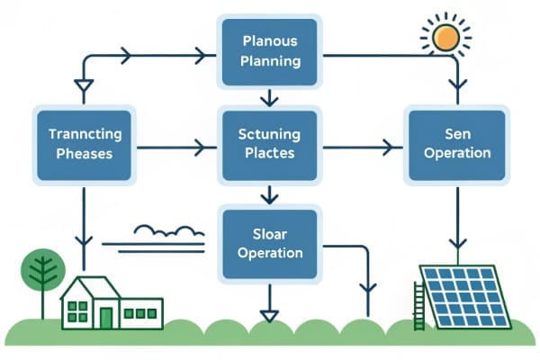A flowchart showing the stages of solar farm development