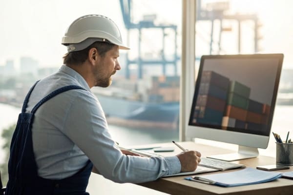 A freight forwarder reviewing a shipping quote on a computer