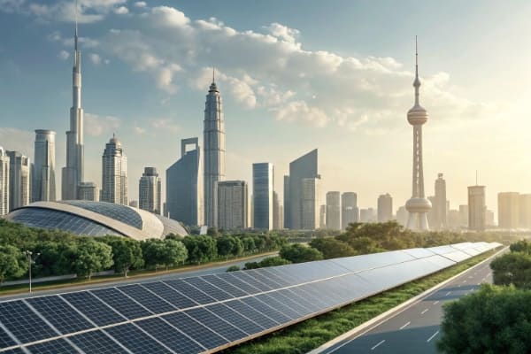 A futuristic concept of a city powered by integrated solar technology