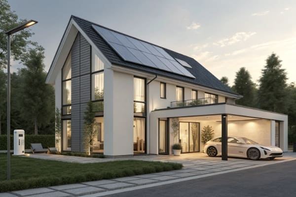 A futuristic graphic showing a home in 2026 powered by sleek solar panels and an EV charging.