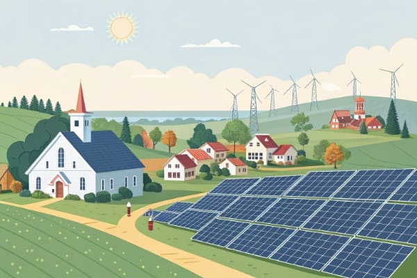 A graphic showing a solar farm connected to a small town