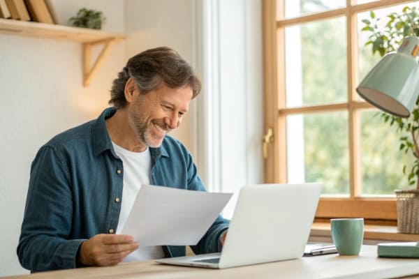 A homeowner looking at their significantly lower electricity bill with a smile