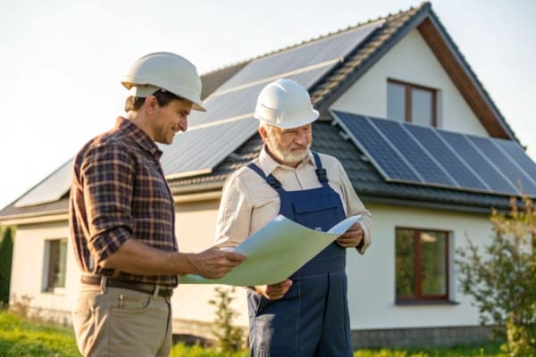 A homeowner reviewing a quote for solar panel installation with a contractor.