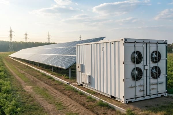 A large central inverter inside a container at a solar farm