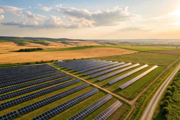 a large community solar farm in a field