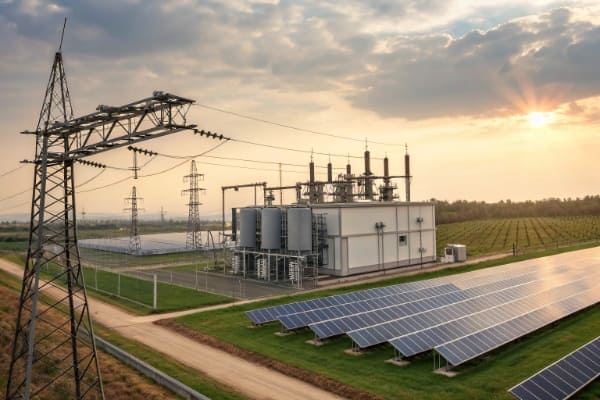 A large electrical substation with transformers and transmission lines at a solar farm