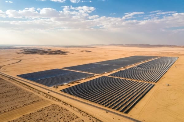 A large-scale solar farm in a desert landscape