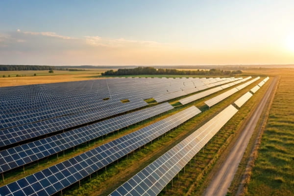 A large-scale solar farm with rows of panels under a clear sky
