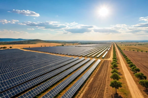 A large utility-scale solar farm under a bright sun