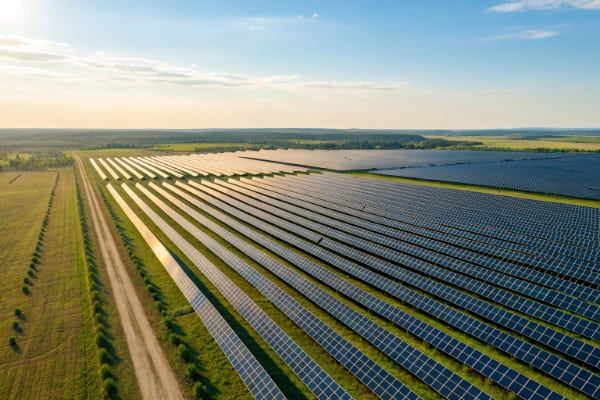 A large utility-scale solar farm with rows of panels under a clear blue sky
